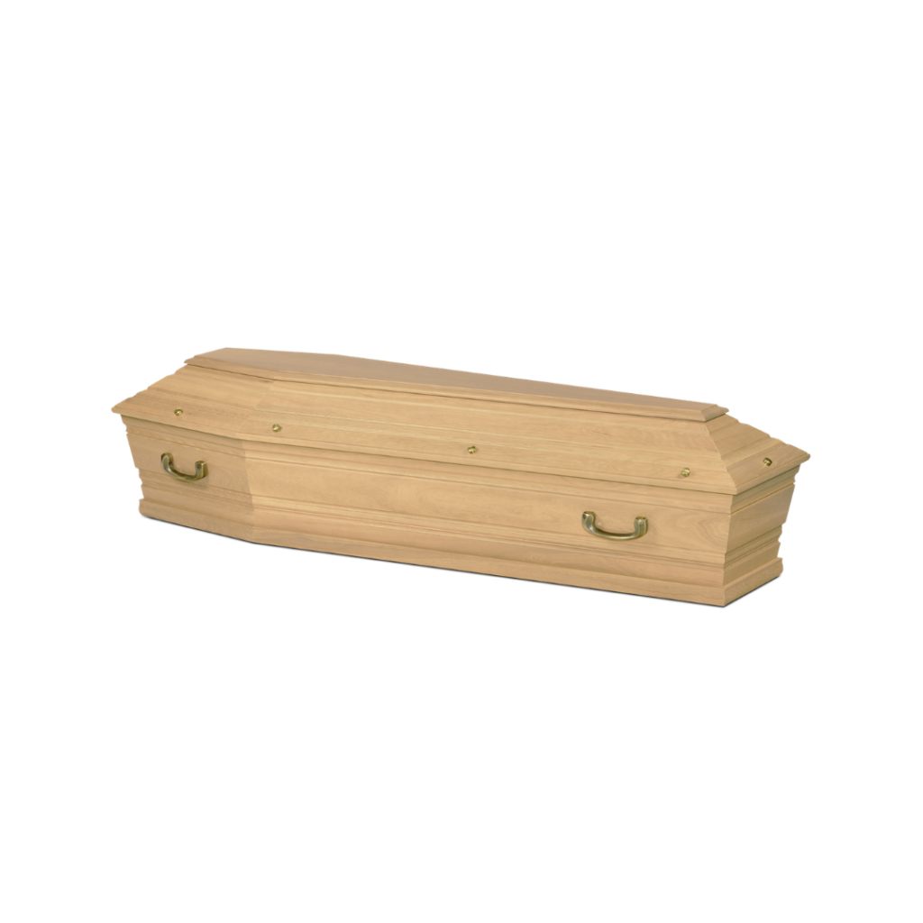 Cercueil en bois avec poignées dorées.