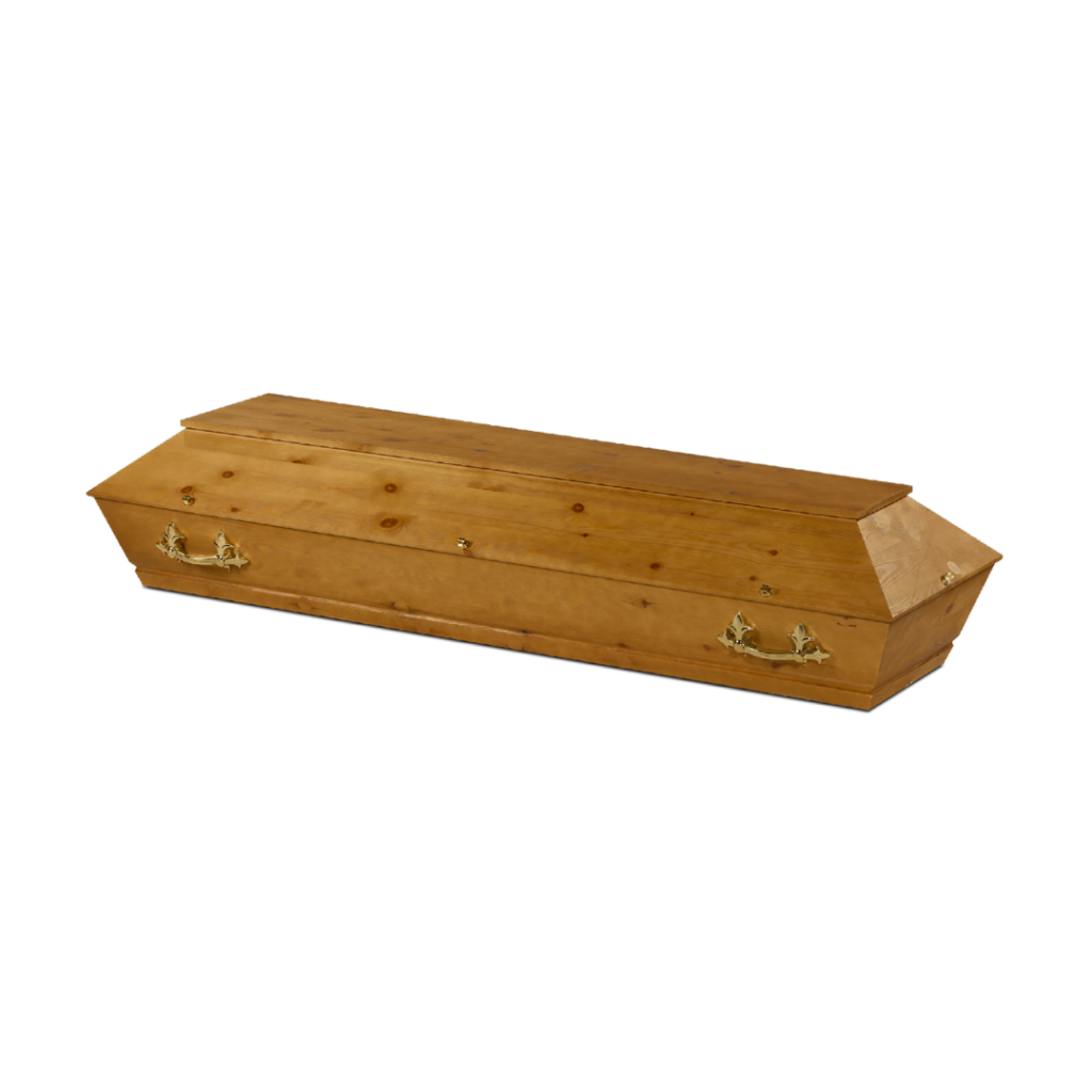 Cercueil en bois avec poignées dorées.
