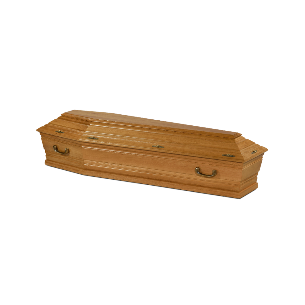 Cercueil en bois avec poignées métalliques dorées.