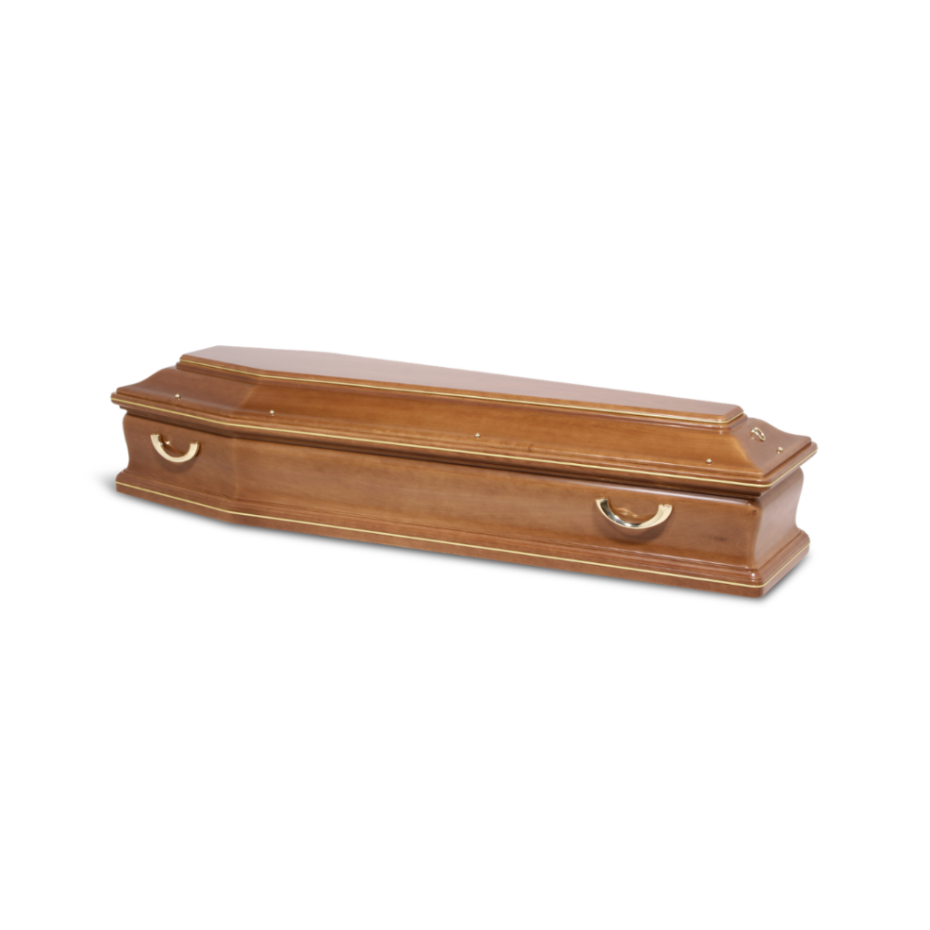 Cercueil en bois avec poignées dorées