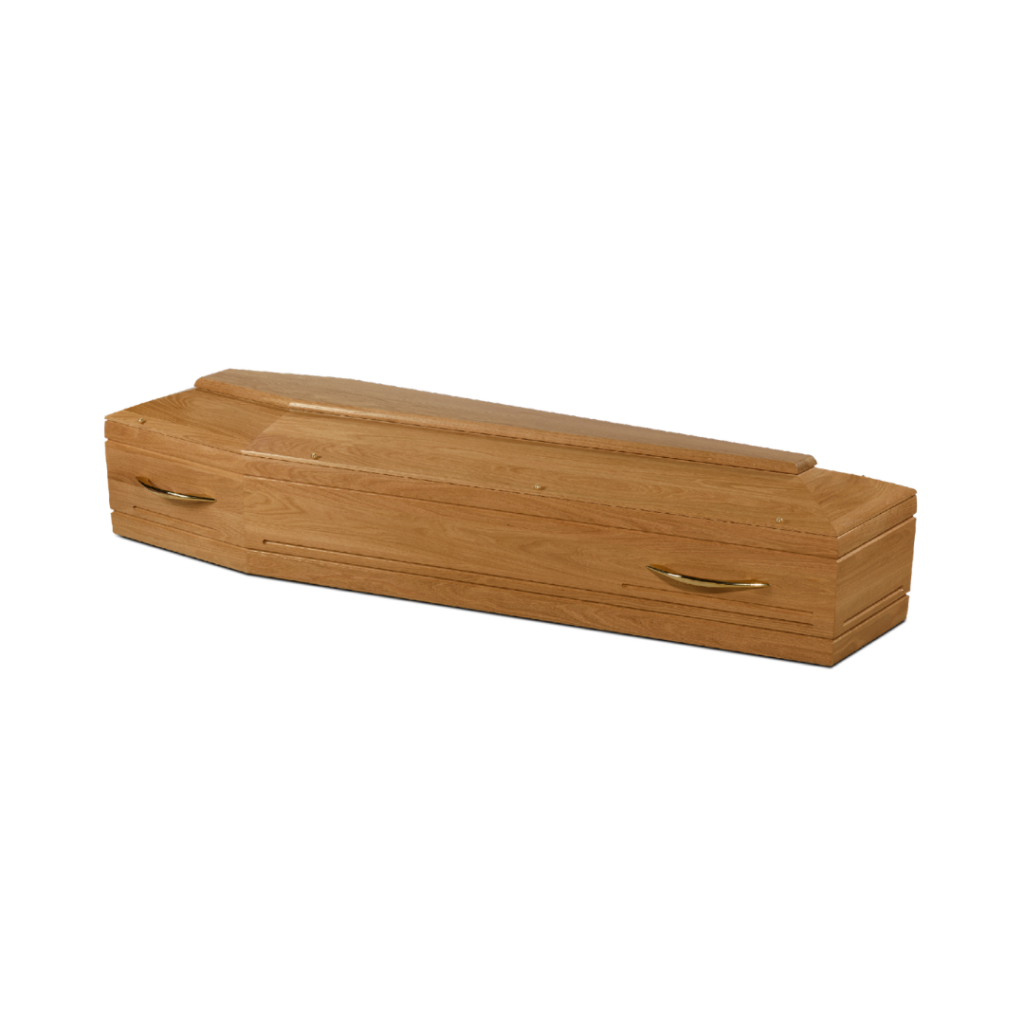 Cercueil en bois avec poignées dorées.