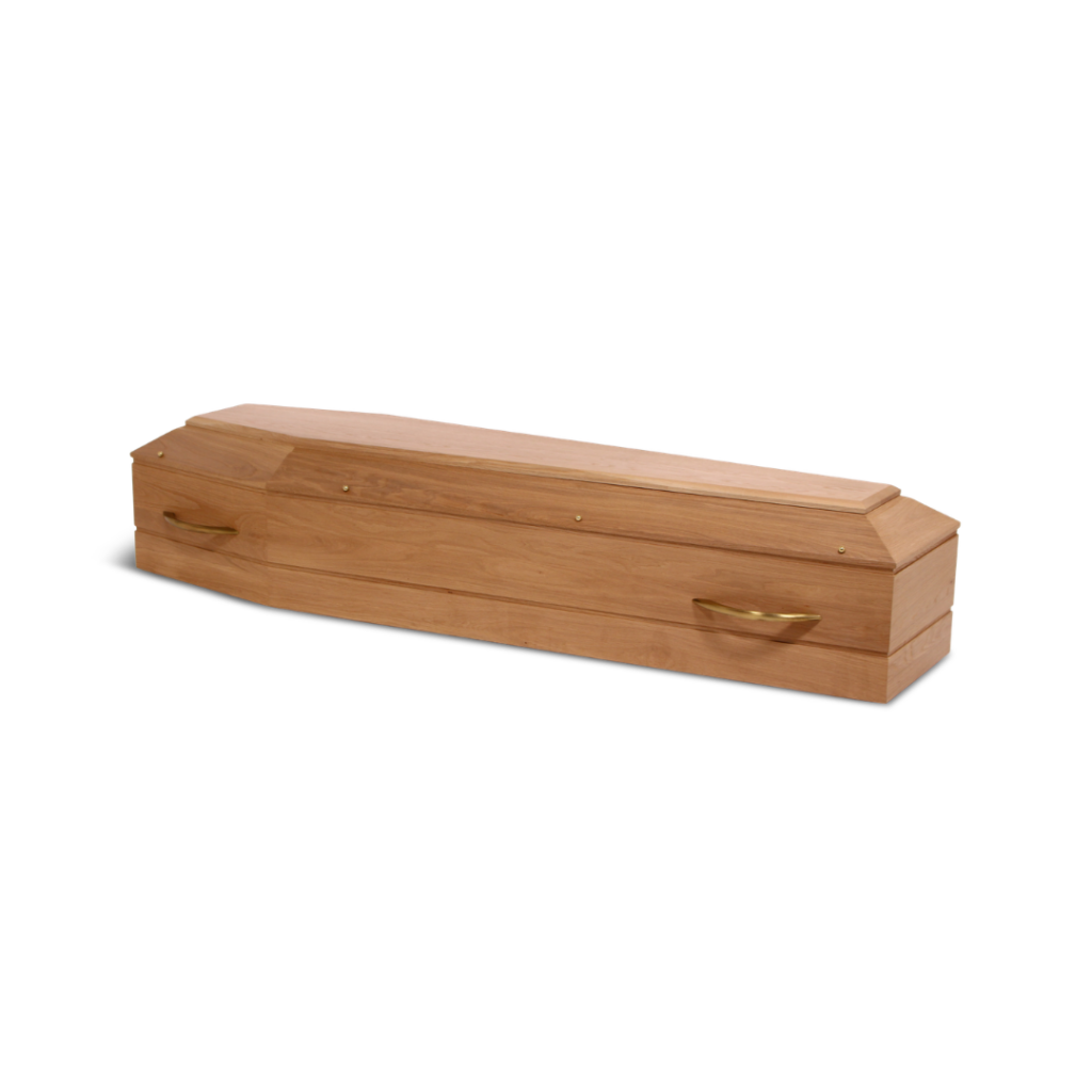 Cercueil en bois clair avec poignées dorées.