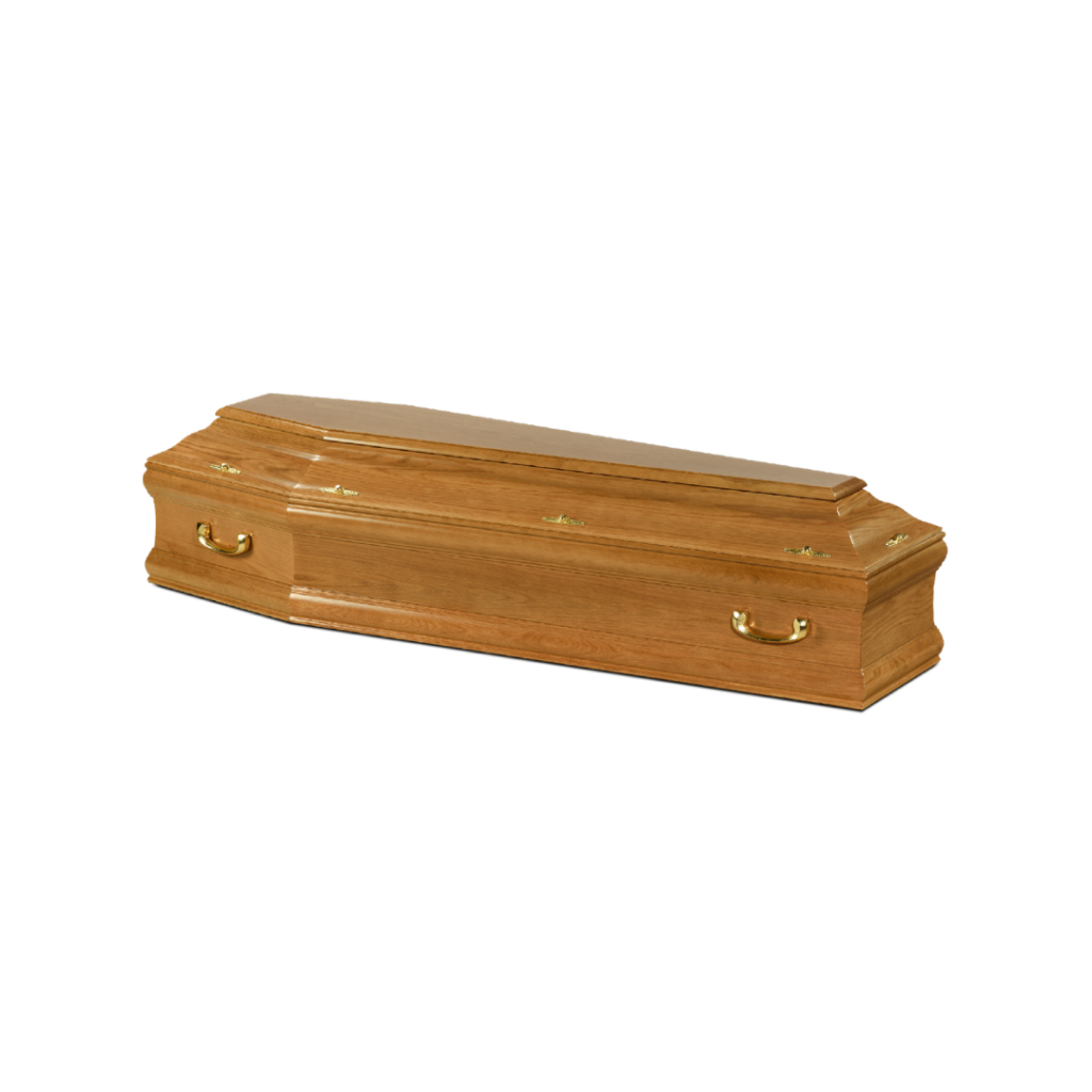 Cercueil en bois avec poignées dorées